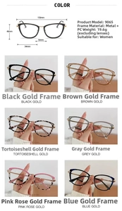 Detailed size chart and multi-color options for cat-eye metal and PC glasses
