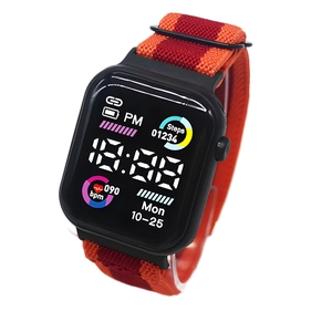 Digital sports watch with square LED face and red-orange elastic nylon canvas strap