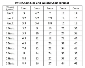 Size and weight specifications chart for stainless steel 6mm twist rope chain necklaces