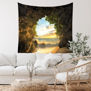 Détail de la tapisserie bohème avec paysage de coucher de soleil et vagues de la mer