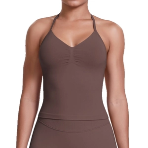 Seamless halter neck sports bra in dark brown with ruched detail and elastic fabric