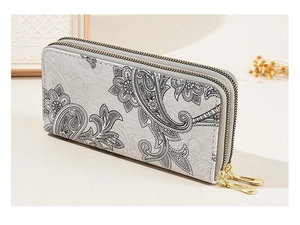 Detail view of double-zippered grey paisley wallet with large capacity and premium texture