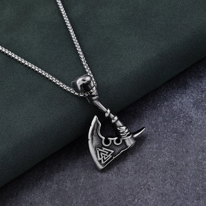 Viking axe pendant necklace in stainless steel with Nordic Valknut symbol on bead chain