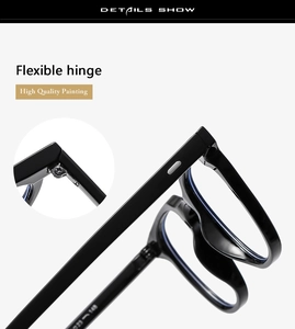 Detail of premium black square glasses frame featuring durable flexible hinge design