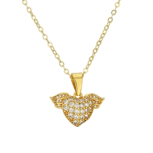 Golden heart necklace with zircon-studded wings on a minimalist white background