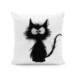 Detailed close-up of a square white pillowcase with a cute black cartoon cat print