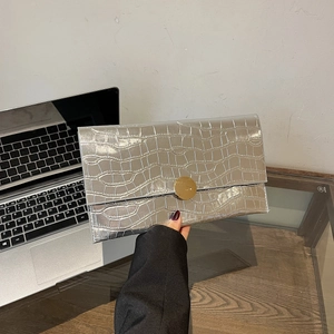 Silver crocodile texture envelope clutch bag with gold round metal buckle for women