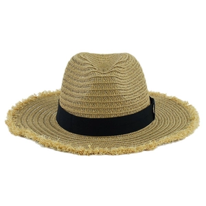 Women's summer straw sun hat with wide frayed brim and black ribbon decoration