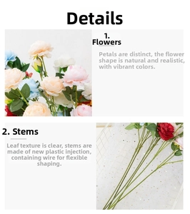 Detail of multi-layered artificial peony petals and realistic plastic-coated wire stems