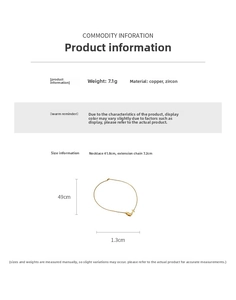 Detailed spec sheet for whale tail necklace in copper with zircon, 41.8cm length