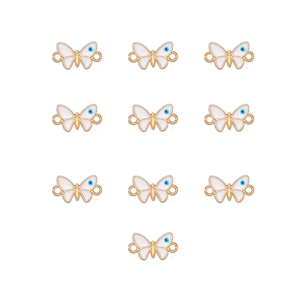 Set of 10 golden butterfly connectors with white enamel and blue evil eye detail