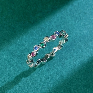 Detailed macro view of silver ring set with vibrant rainbow cubic zirconia in bezel setting