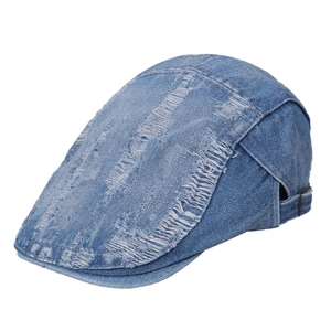 Vintage blue distressed denim flat cap with ripped details and metal buckle adjustment