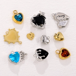 Polished stainless steel heart pendants with colorful zircon inlay for DIY jewelry