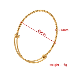 Gold twisted rope stainless steel bangle featuring a 65mm inner diameter and 6g weight