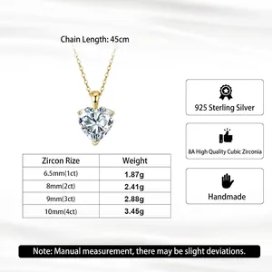 Tableau des tailles du collier cœur en argent s925 avec spécifications de 1ct à 4ct