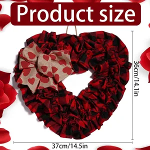 Plaid fabric heart wreath for Valentine's Day decor with burlap bow, 37cm width