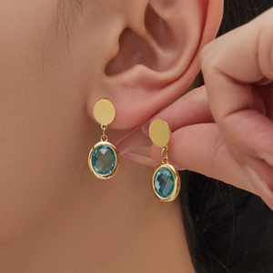 18k gold plated stainless steel earrings with blue faceted oval glass stones for women