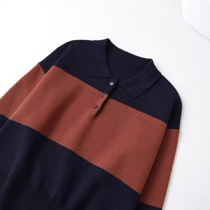 Classic striped long sleeve knit polo shirt in navy blue and brick red tones