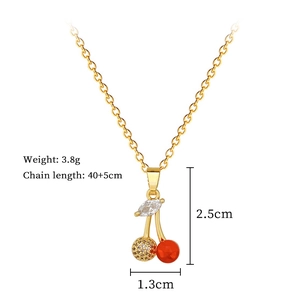 Detailed view of cherry pendant necklace with size labels and product measurements