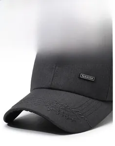Macro detail of charcoal grey cotton baseball cap with Fashion label and 318 embroidery