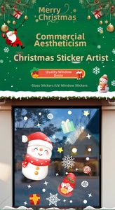 Detail of Christmas UV window stickers featuring snowmen, stars, and colorful gift patterns