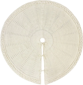 Detailed cable-knit texture of a 36-inch cream white Christmas tree skirt with ties