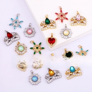 Detailed collection of gold-plated snowflake and crown pendants with colorful zircons