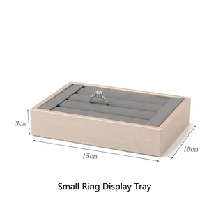 Small jewelry tray for rings in beige textured finish with grey velvet slots 15x10x3cm