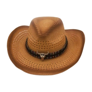 Western Cowboy Straw Hat Sun Protection Breathable Beach Outdoor Ethnic Band Bull Skull Decor For Men Women
