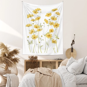 Detailed view of bohemian floral tapestry with yellow cosmos on bedroom wall decor