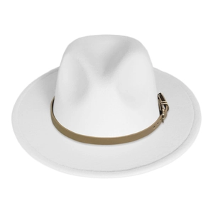 Detail of white wide brim fedora hat with a light brown faux leather belt buckle strap