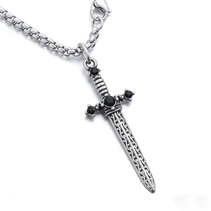 Gothic silver sword pendant necklace in stainless steel with black rhinestones and box chain