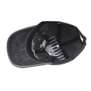 Internal view of grey washed cotton baseball cap with sweatband and metal buckle