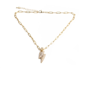 Hip hop gold lightning bolt pendant necklace with cubic zirconia on paperclip chain
