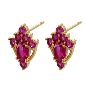 Macro detail of gold-plated stud earrings with micro-set rose red zircon floral design