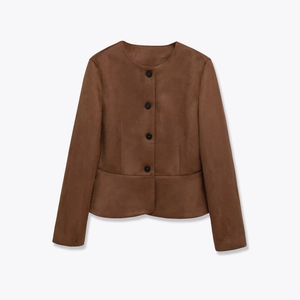 Damen Jacke Aus Wildlederimitat Rundhals Langarm Einreihig Schößchensaum Einfarbig Lässig Vintage Streetwear Braun