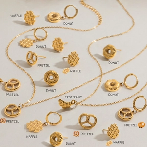 Fashion Stainless Steel Food Theme Hoop Stud Earrings Necklace For Women Gold Plated Waffle Donut Pretzel Pendant Jewelry