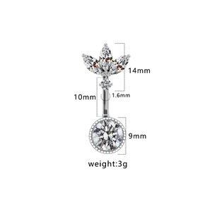 Dimensions détaillées du piercing nombril en zircon avec tige de 10mm et 1.6mm gauge