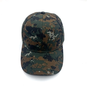 Detailed macro shot of digital pixel camouflage pattern on tactical baseball cap