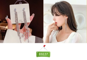 Detailed close-up and model view of S925 silver fringe tassel earrings with sparkling crystals