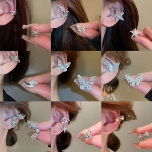 Silver butterfly and star multi-layer ear bone clips for non-pierced ears for women
