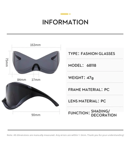 Detailed dimension guide for Y2K futuristic shield sunglasses with 163mm width and PC frame