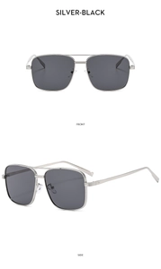 Front and side view of silver-black metal square aviator sunglasses with double bridge