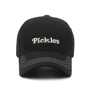 Classic black cotton baseball cap with white Pickles embroidery on front and stitched brim