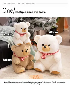 Cute teddy bear plush toy with scarf shown in 25cm, 35cm and 45cm size options