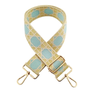 Detail of adjustable woven bag strap with yellow and blue geometric lattice pattern