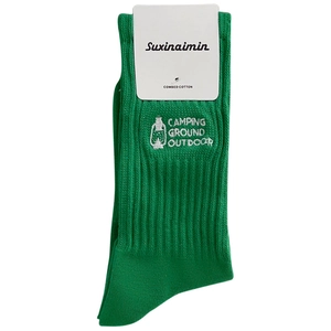 Green combed cotton mid-calf socks with vintage camping lantern embroidery and ribbed texture