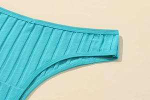 Close-up of ribbed cotton fabric and stitching detail on turquoise low waist panties