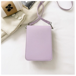 Detail view of lavender Saffiano texture mobile phone bag with silver metal hooks